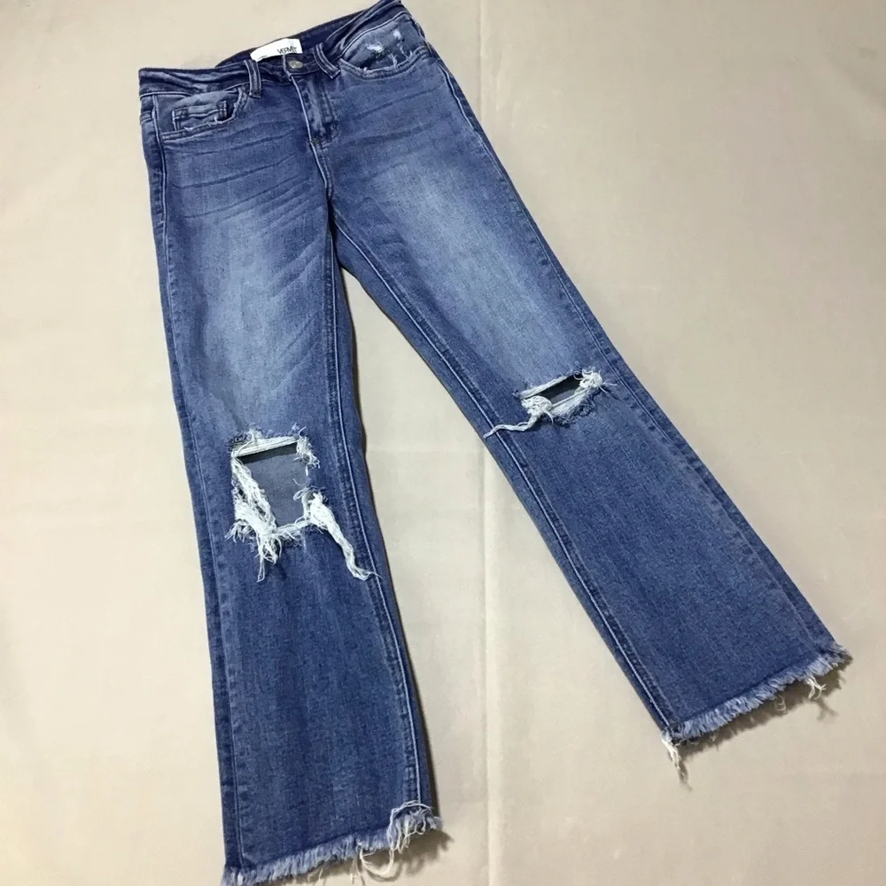 VERVET Straight Leg Ripped Cropped Blue Jeans - Picture 5 of 13